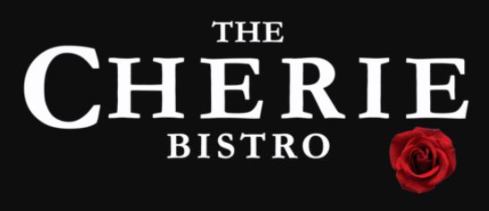 The Cherie Bistro logo with red rose on black background